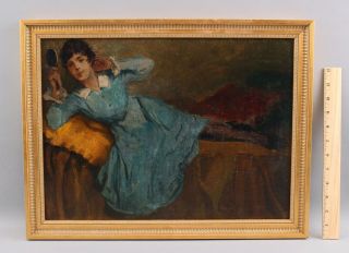 Antique Signed Impressionist Portrait Oil Painting,  Reclining Woman W/ Mirror Nr