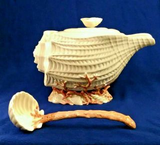 Vintage Fitz And Floyd Soup Shells Coral Tureen W/ladle Oceana 1977 Ec Cioppino