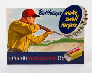 Vintage Winchester Cardboard Counter Display Ad Sign Ammunition Bottlecaps 13 "