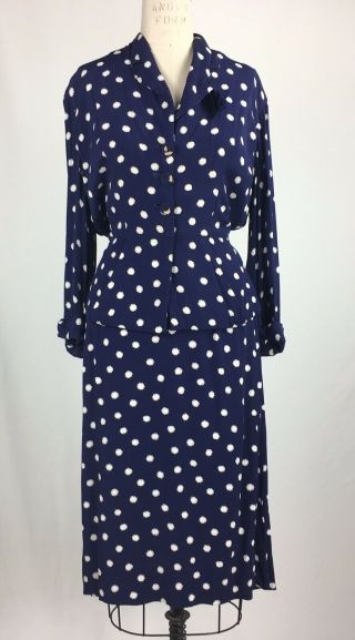 1940s 2 Piece Navy Blue And White Rayon Polka Dot Skirt And Jacket Xtra Large