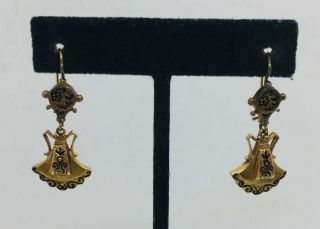Antique Victorian 14k Yellow Gold & Black Enamel Dangle Earrings