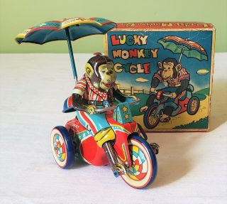Early Sato Toys Japan Wind - Up Lucky Monkey Cycle 50 