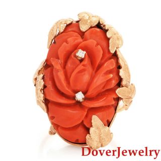 Vintage Diamond Carved Coral 14k Yellow Gold Large Floral Ring 15.  1 Grams Nr