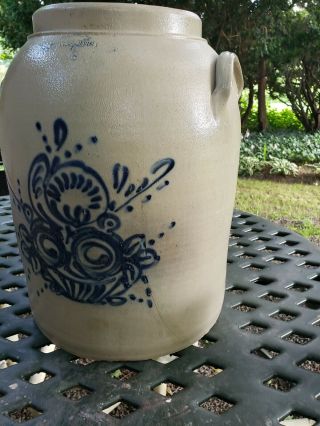 STONEWARE CROCK WITH COBALT BLUE BASKET OF FLOWERS.  RARE WHITES OF UTICA 12