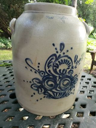 STONEWARE CROCK WITH COBALT BLUE BASKET OF FLOWERS.  RARE WHITES OF UTICA 3