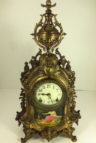 Antique / Vintage Rare Ansonia Mantel Clock Lady Sitting With Key