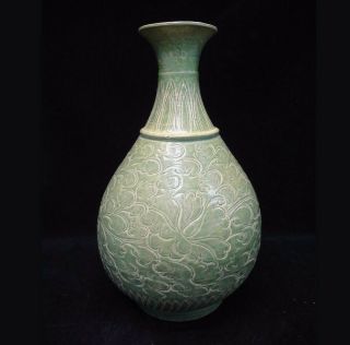 32cm Large Old Chinese " Longquan " Green Glaze Flowers Carving Porcelain Vase