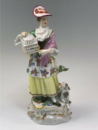 Antique Meissen 10.  5 " Figurine Woman Holding Bird Cage,  Lamb