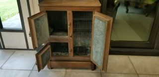 Antique Oak Ice Box Refrigerator three cabinets with racks and tin liner 11