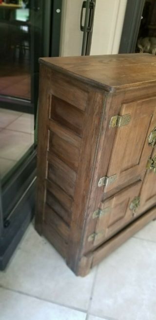 Antique Oak Ice Box Refrigerator three cabinets with racks and tin liner 2