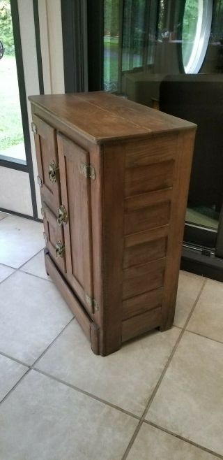 Antique Oak Ice Box Refrigerator three cabinets with racks and tin liner 3