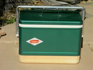 Vintage Coleman Cooler W/ Tray Green Diamond Metal Carry Handle Can Opener