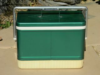 Vintage COLEMAN COOLER w/ TRAY Green Diamond METAL CARRY HANDLE Can Opener 3