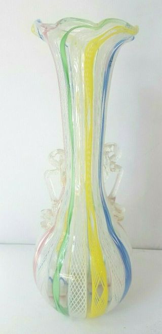 Vtg Italian Latticino Ribbon Art Glass Handle Vase Gold Flk Fratelli Toso Murano