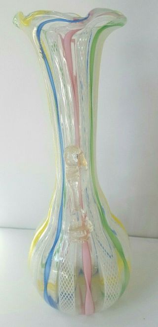 Vtg Italian Latticino Ribbon Art Glass Handle Vase Gold Flk Fratelli Toso Murano 2