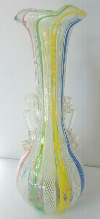 Vtg Italian Latticino Ribbon Art Glass Handle Vase Gold Flk Fratelli Toso Murano 3