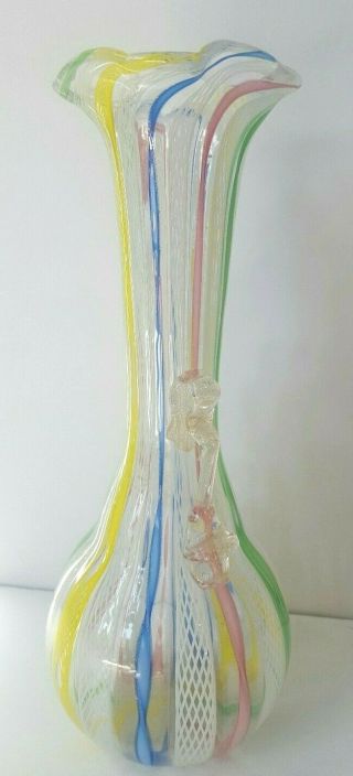Vtg Italian Latticino Ribbon Art Glass Handle Vase Gold Flk Fratelli Toso Murano 4
