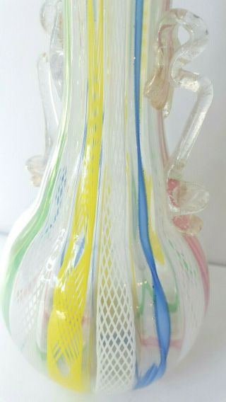 Vtg Italian Latticino Ribbon Art Glass Handle Vase Gold Flk Fratelli Toso Murano 5