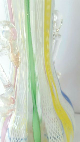 Vtg Italian Latticino Ribbon Art Glass Handle Vase Gold Flk Fratelli Toso Murano 7
