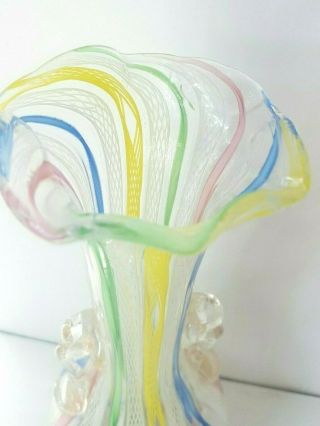 Vtg Italian Latticino Ribbon Art Glass Handle Vase Gold Flk Fratelli Toso Murano 8
