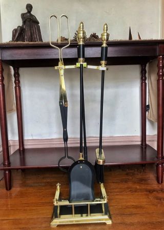 Vintage Solid Brass Fireplace 5 Piece Tool Set With Base,  From A Newport Mansion