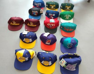 16 X Vintage Nfl Mlb Nba Plain Logo Hats Lakers Suns Jazz Scripted Snapback