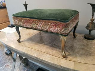 Vintage Tapestry Footstool Green With Brass Feet