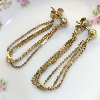 Vintage Italian 14k Solid Yellow Gold Rope Dangle Earrings Chain 2.  5” 3.  3g