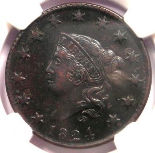 1824 Coronet Matron Large Cent 1c - Ngc Au Details - Rare Certified Coin