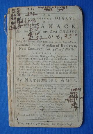 Rare 1766 Almanack By Nathaniel Ames With Paul Revere Engraving Of Eclipse