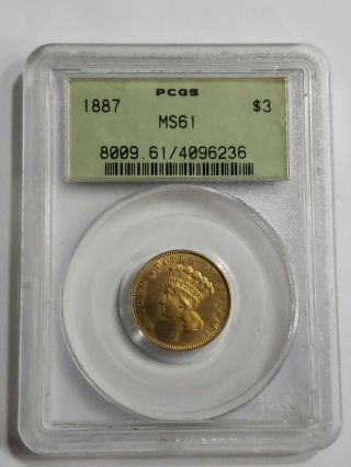 1887 $3 Three Dollar - Pcgs Ms61 Old Label 6000 Minted Rare