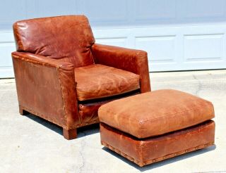 Rare Sublime Ralph Lauren “club” Armchair & Ottoman In Vintage Brown Leather
