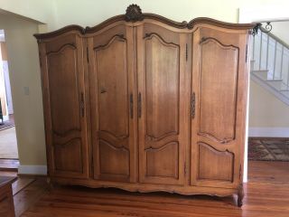 Antique French Country Wardrobe Armoire 4 Door Quartersawn Oak Shelves Hanging