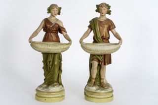 Pair Royal Dux Bohemia Marked Art Nouveau Figurines Statue Roman Carrying Wicker