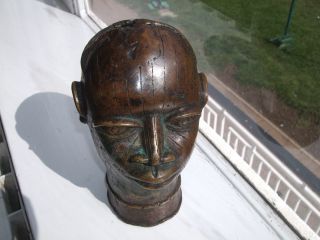 African Benin Bronze Head With Eliptical Aperture The Face Incised Tribal Marks