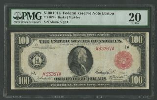 Fr1072b $100 1914 Frn Red Seal " Boston " Pmg 20 Vf (17 Recorded) Ext Rare Wlm7732