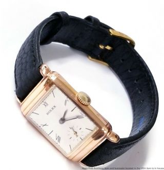 Rolex Mens Vintage Curved Art Deco Rectangular 14k Rose Gold Chronometer Watch 10