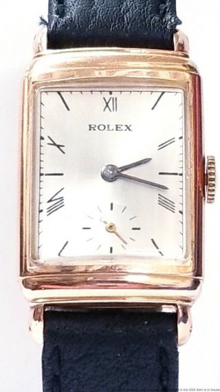 Rolex Mens Vintage Curved Art Deco Rectangular 14k Rose Gold Chronometer Watch 2