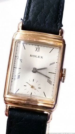 Rolex Mens Vintage Curved Art Deco Rectangular 14k Rose Gold Chronometer Watch 3