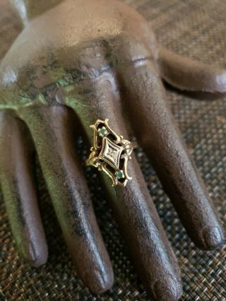 Vintage Antique 10k Gold Diamond And Emeralds Art Deco Ring Sz 7