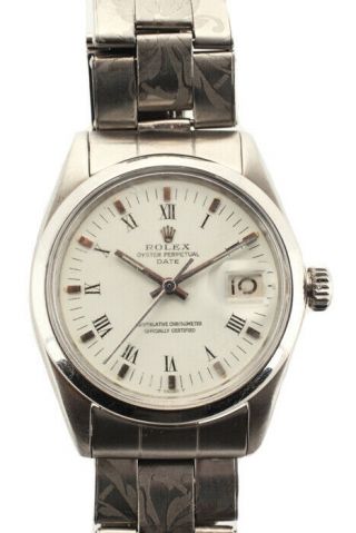 Rolex Vintage Custom Engraved Stainless Steel Floral Oyster Perpetual Watch