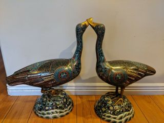 Chinese Pair 19 " Cloisonne Ducks,  Ducks,  Metal,  Brass Bronze Vintage Champleve