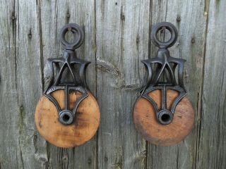 TWO Antique/VINTAGE PRIMITIVE CAST Iron AND WOOD PULLEYS ORNATE RUSTIC DECOR 2