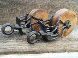 TWO Antique/VINTAGE PRIMITIVE CAST Iron AND WOOD PULLEYS ORNATE RUSTIC DECOR 3