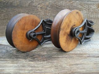 TWO Antique/VINTAGE PRIMITIVE CAST Iron AND WOOD PULLEYS ORNATE RUSTIC DECOR 4