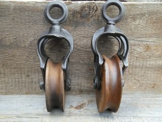 TWO Antique/VINTAGE PRIMITIVE CAST Iron AND WOOD PULLEYS ORNATE RUSTIC DECOR 5