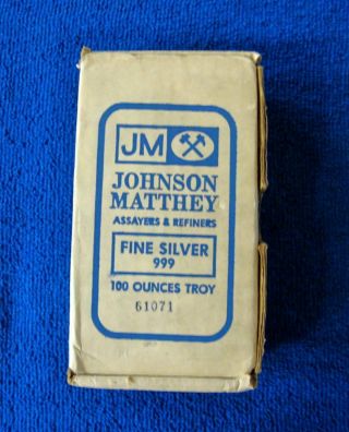Vintage 100 Oz Silver Bar - Johnson Matthey With Matching Box
