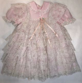Vintage Pink And White Lace Ruffle Tiered Dress Toddler Girl’s Size 4 Pageant