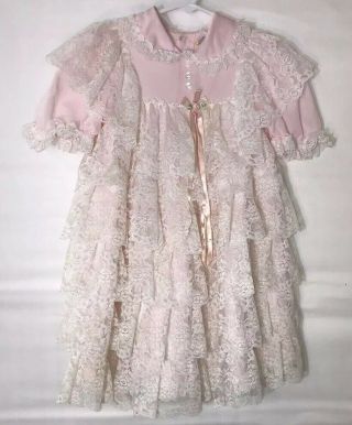 Vintage Pink and White Lace Ruffle Tiered Dress Toddler Girl’s Size 4 Pageant 3