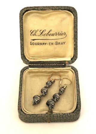 Vintage Rare Unique Memento Mori Skulls 19th C.  Gold & Silver Diamond Earrings